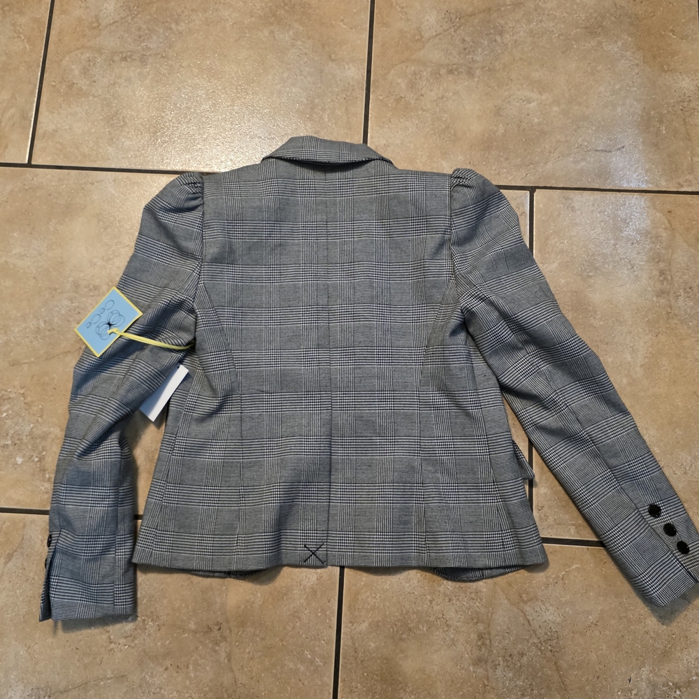 CeCe Black and Gray Plaid Puff-Sleeve Blazer with Star Embellishments - Picture 5 of 10
